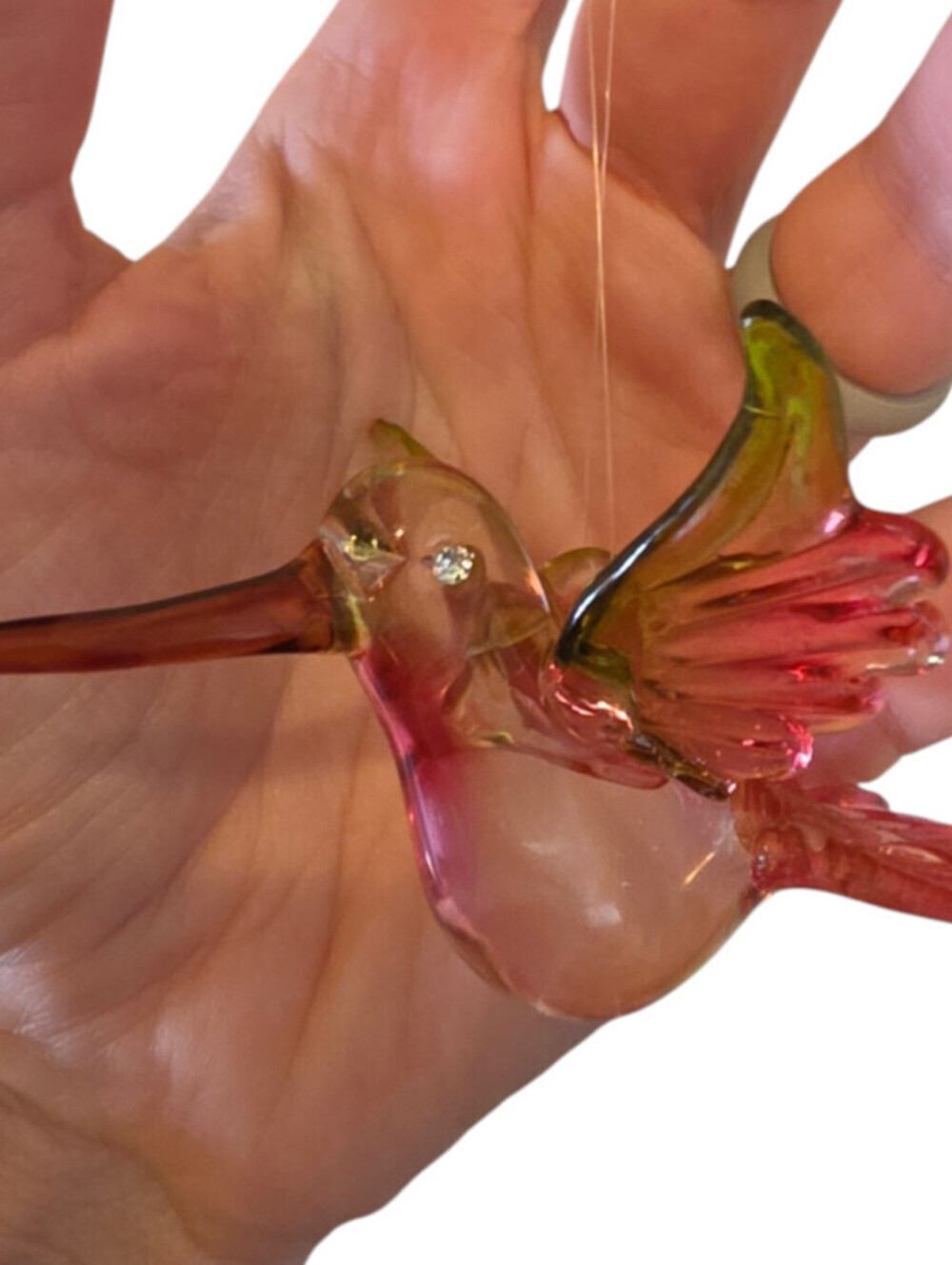 Vintage hand-blown art glass hummingbird figurine Ornament Rhinestone Eyes